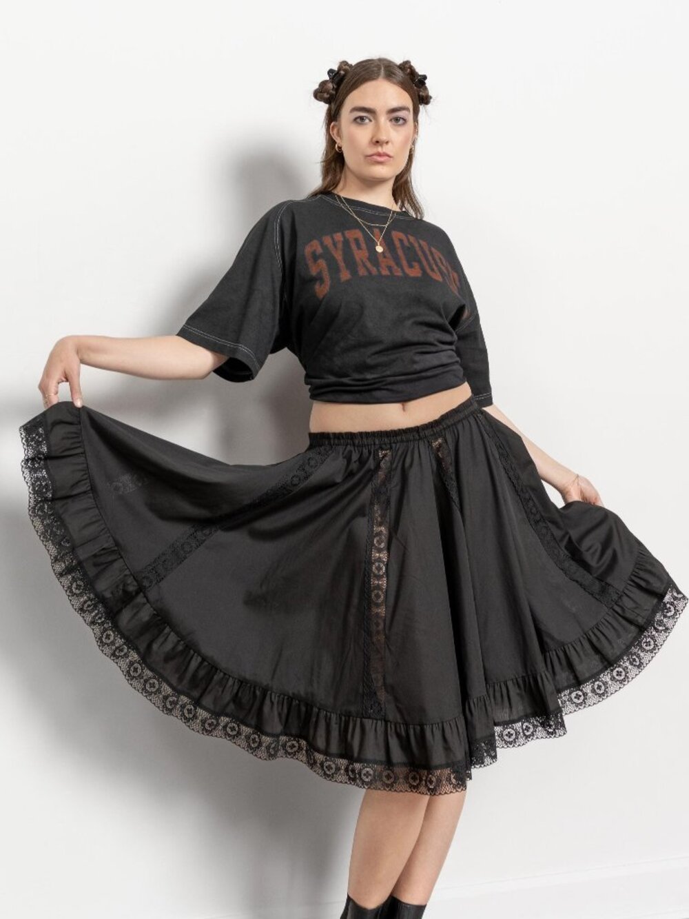 BLACK LACE SKIRT Square Dance Ruffled Full Swing Vintage Prairie Country Peasant